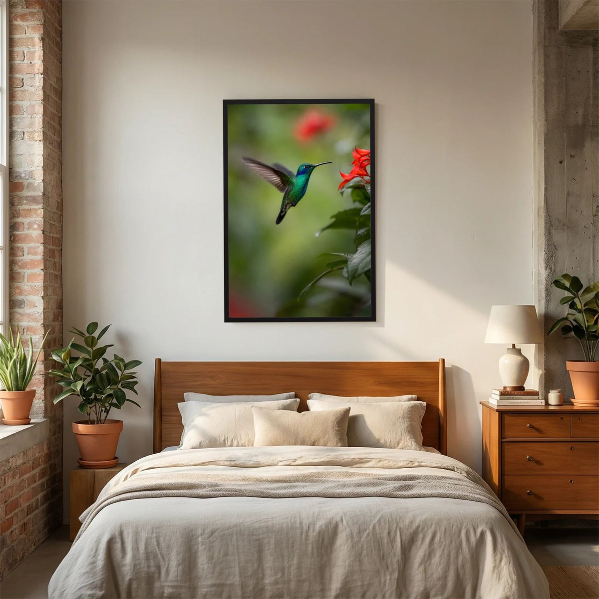 Wandposter mit grünem Kolibri im Flug und roten Blüten, schwarzer Rahmen