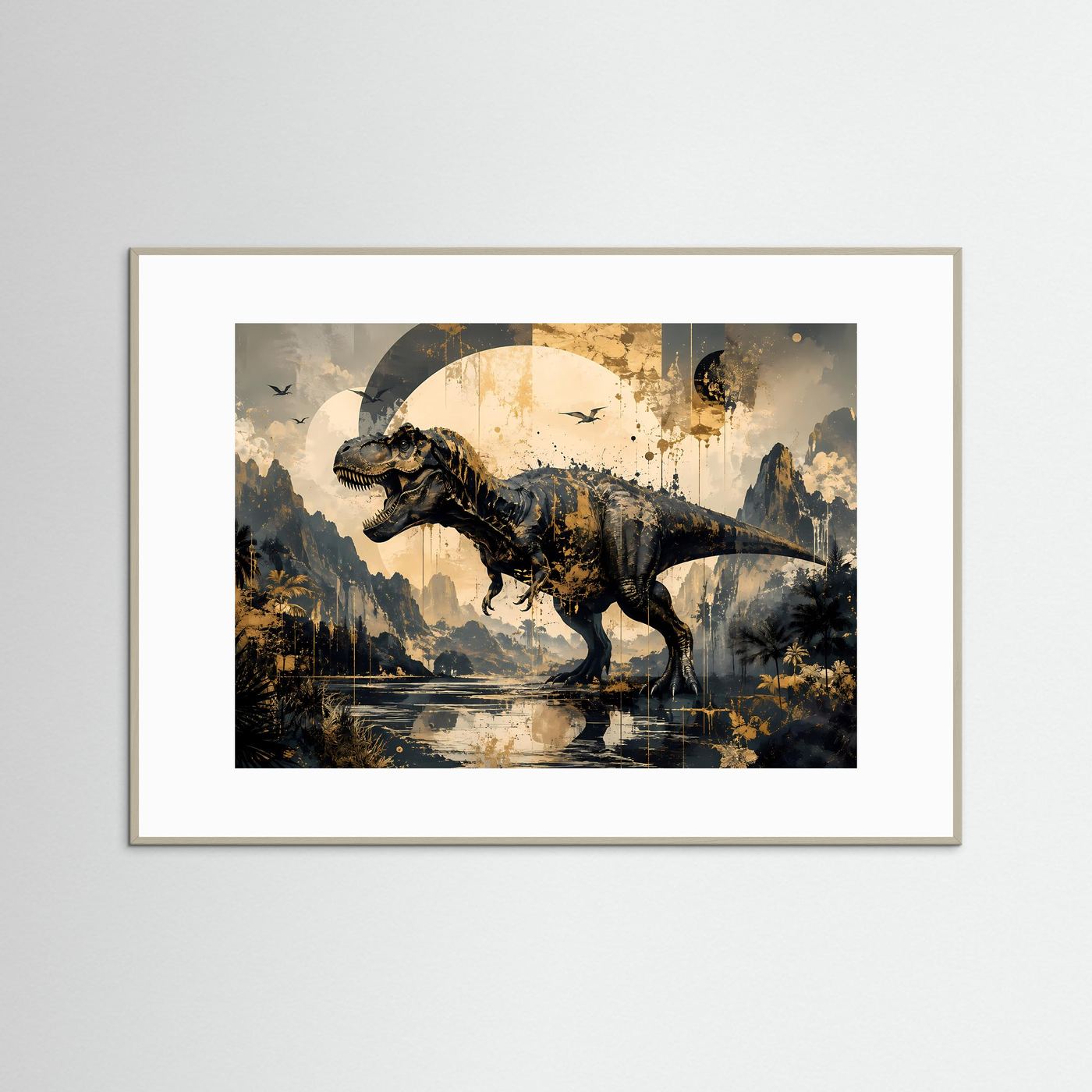 T-Rex Dinosaurier Poster | Abstrakte Jurassic Wandkunst in Schwarz Gold | Moderner Tyrannosaurus Kunstdruck