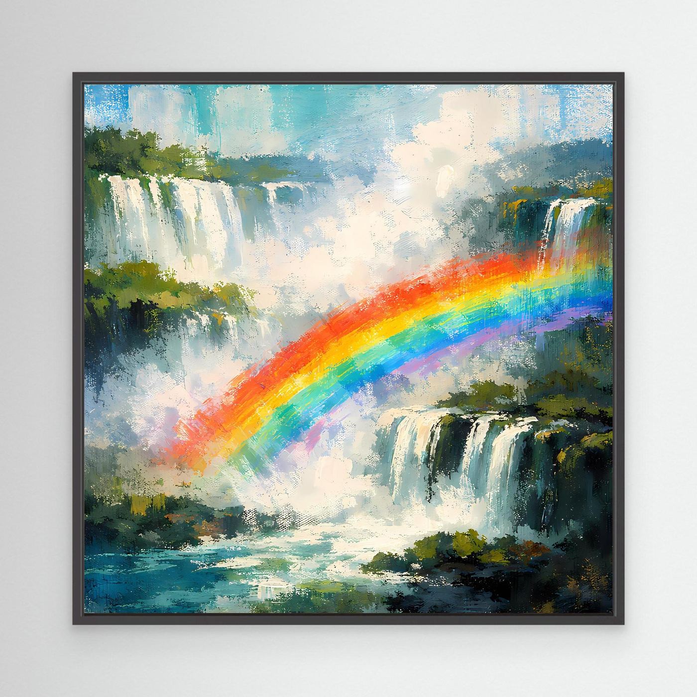 Leinwand-Wandbild Wasserfall mit Regenbogen, buntes Naturmotiv im schwarzen Rahmen