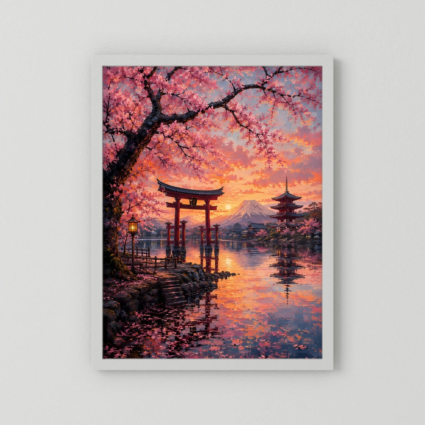 Hochformat-Poster mit Kirschblüten, Torii und Fuji im Sonnenuntergang, weißer Rahmen