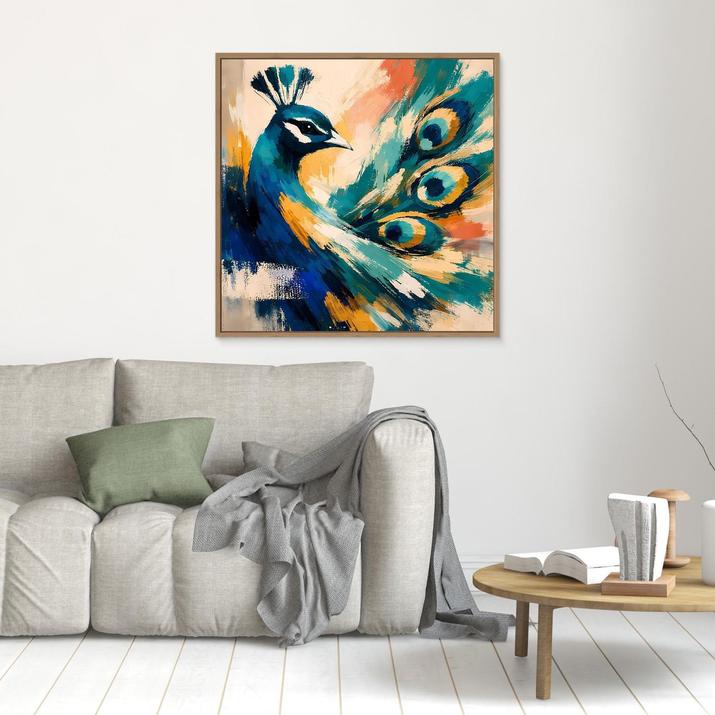 Abstract peacock wall canvas with blue and teal feathers, in oak frame