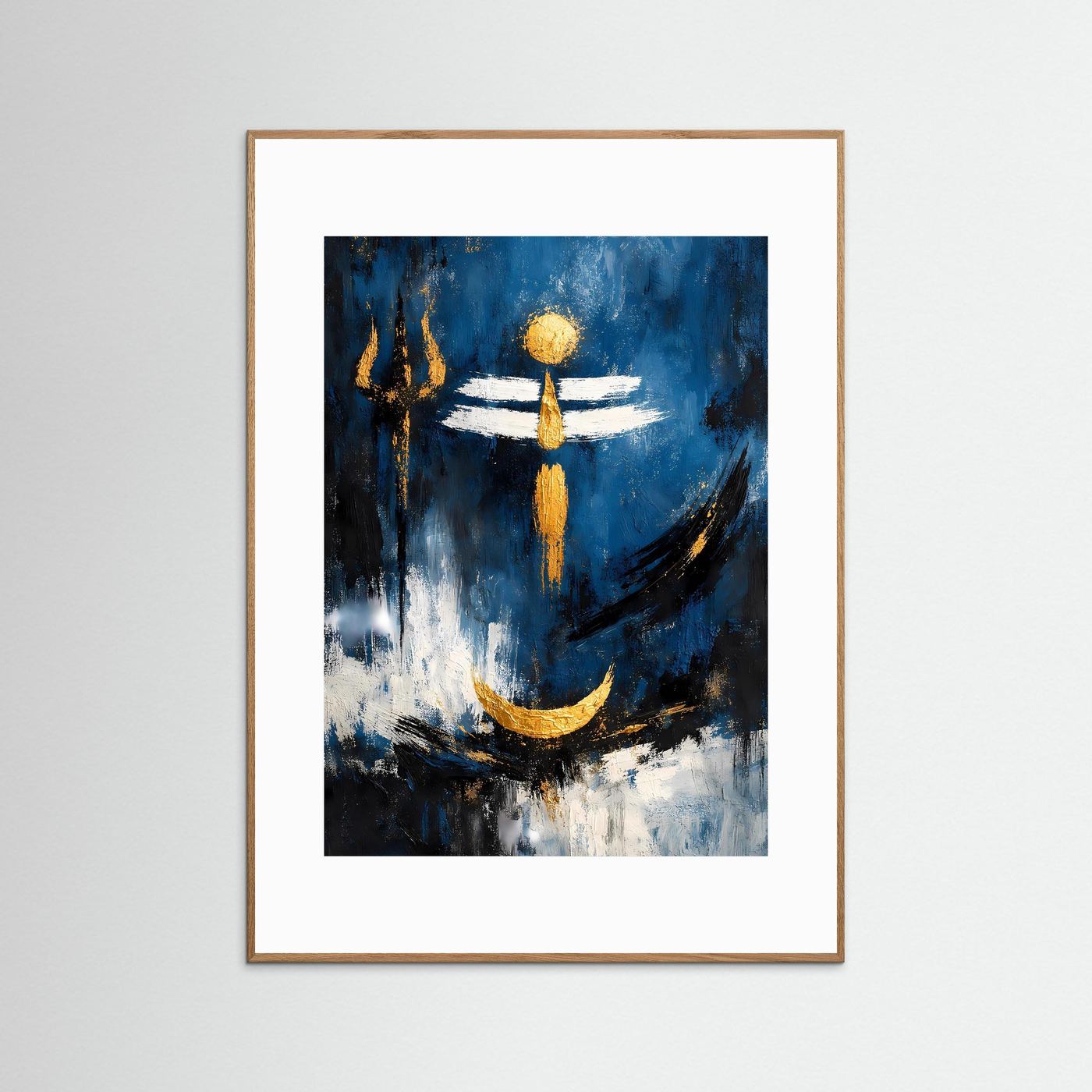 Shiva-Symbol Poster, goldene Figur, tiefblauer Hintergrund, heller Holzrahmen
