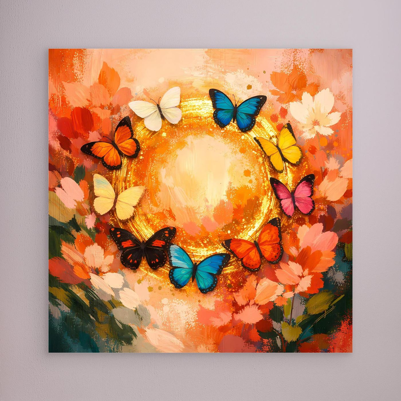 Leinwandbild mit Schmetterlingskreis: bunte Schmetterlinge um goldenen Mittelkreis, orange Blumen