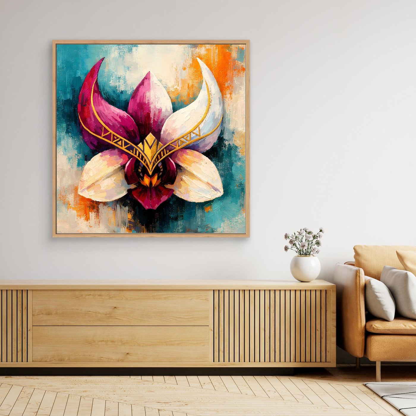 Premium Leinwand Mystische Orchideen-Maske in Gold | Abstraktes Florales Wandbild im Fantasy-Stil