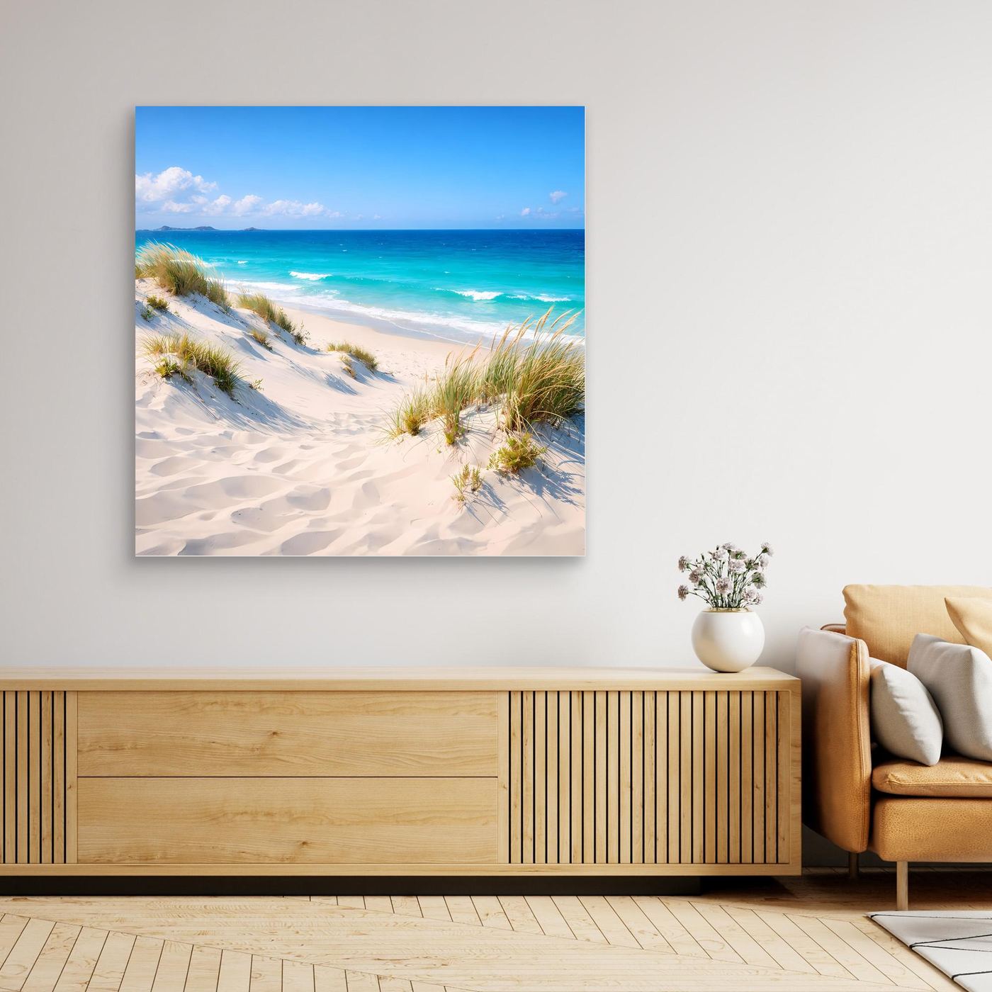 Leinwandbild mit Dünenstrand und türkisblauem Meer, ohne sichtbaren Rahmen