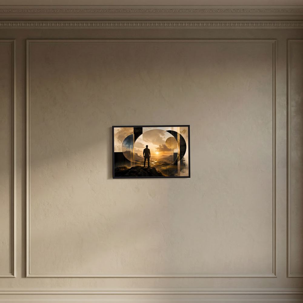 Kleines gerahmtes Poster mit Silhouette eines Mannes vor Sonnenuntergangslandschaft in Kreisformen