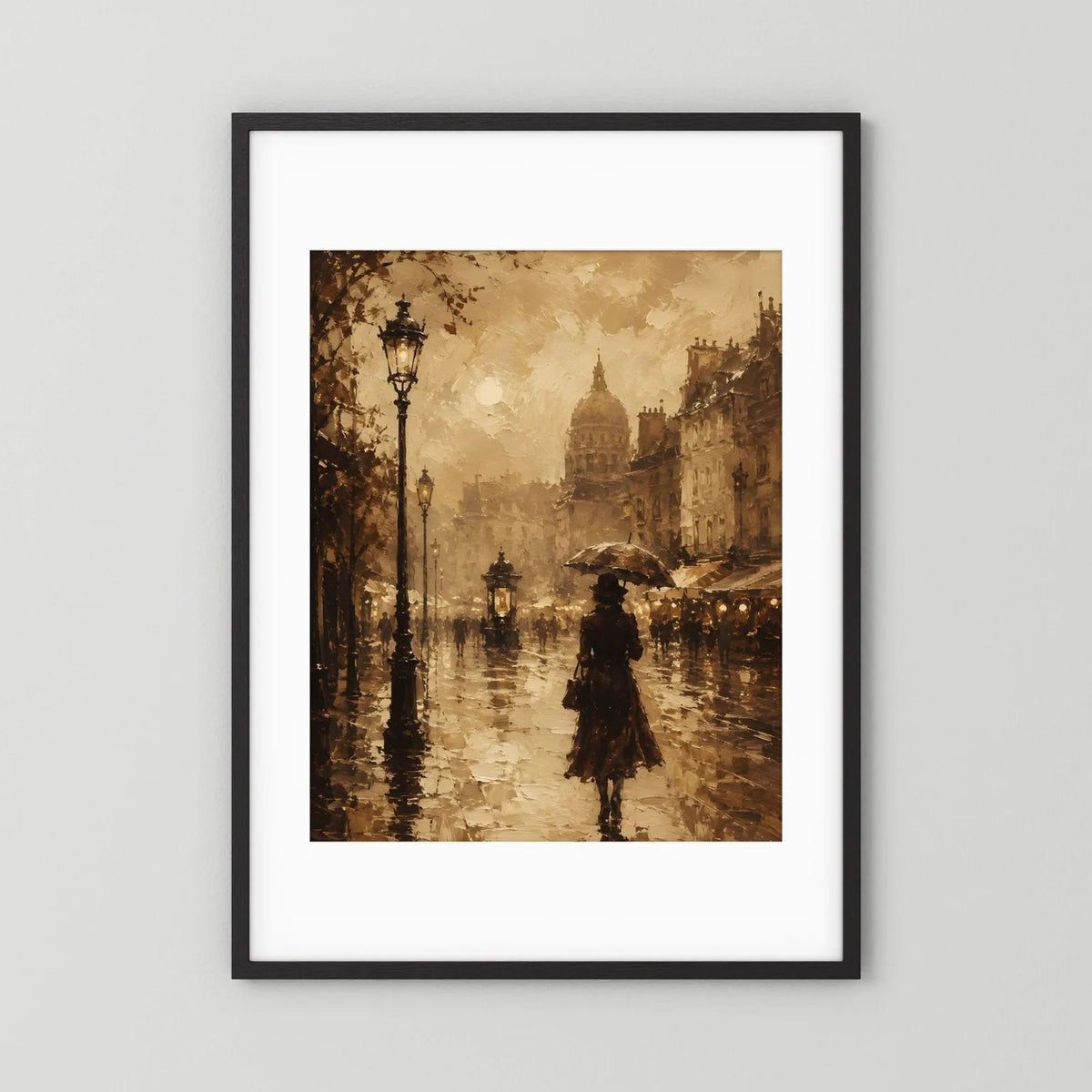 Hochformatiges Sepia-Stadtposter mit Laternen und Frau mit Regenschirm, schwarz mit weißem Passepartout