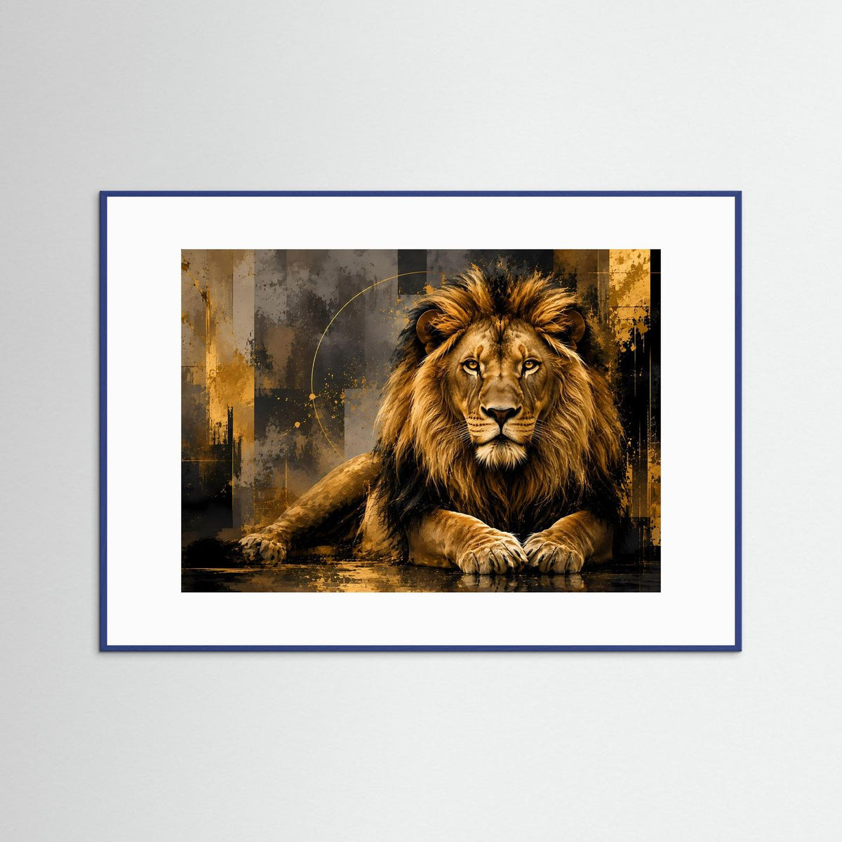 Gerahmtes Wandposter mit brüllendem Löwenmotiv in Schwarz und Gold, blauer Rahmen
