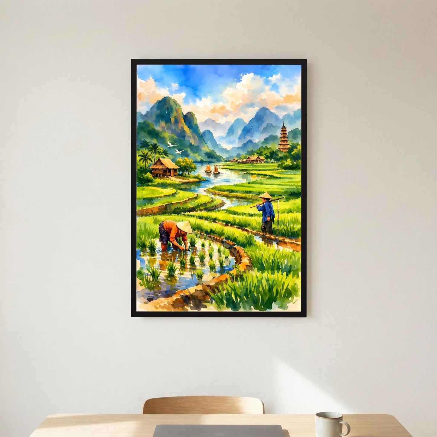 Hochformatiges Poster: Reisfelder mit Pagode und zwei Bauern bei der Arbeit, schwarzer Rahmen