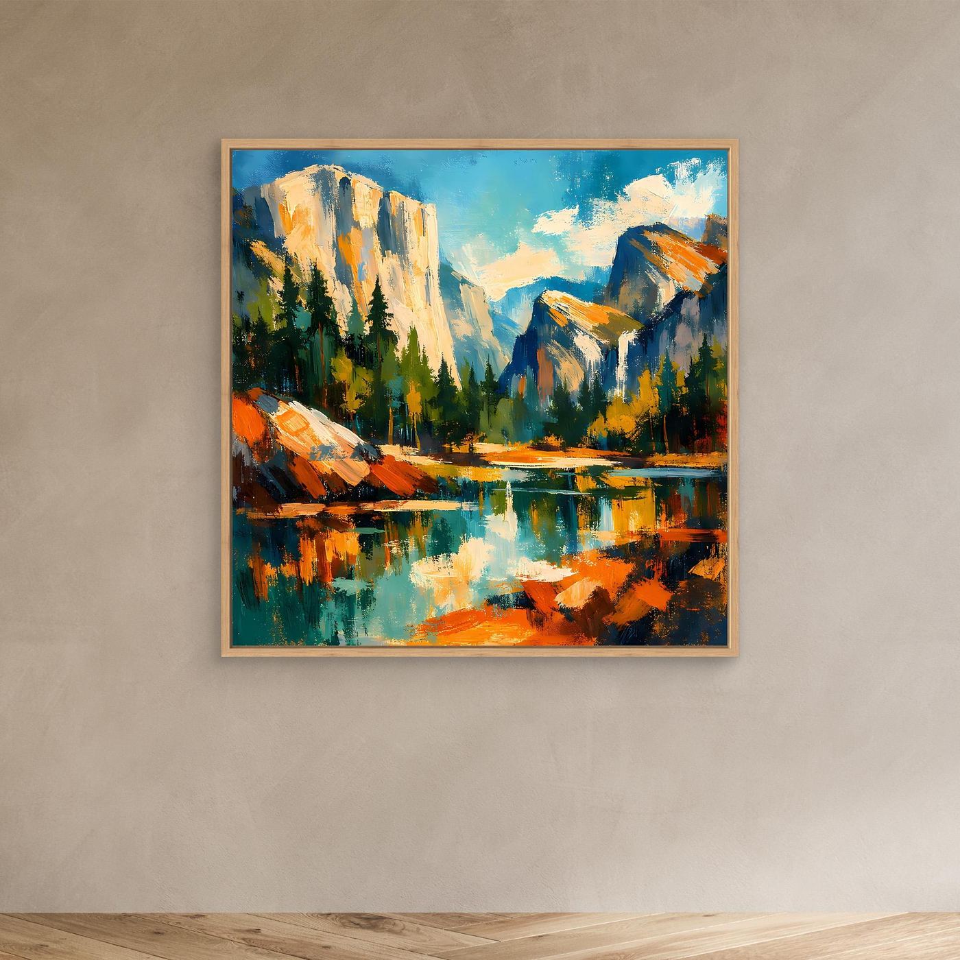 Leinwand-Wandbild mit Berglandschaft und See, goldbrauner Holzrahmen