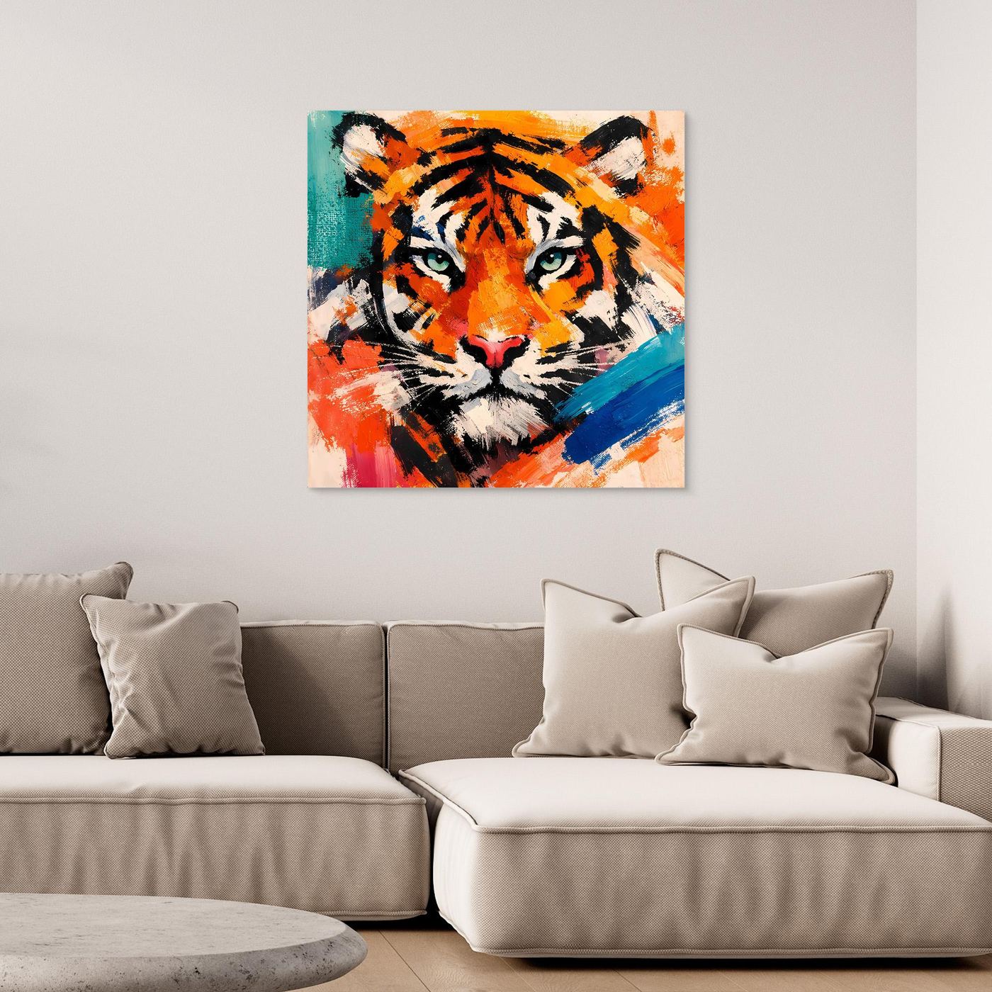 Abstract tiger canvas wall art with orange, teal, and red brushstrokes