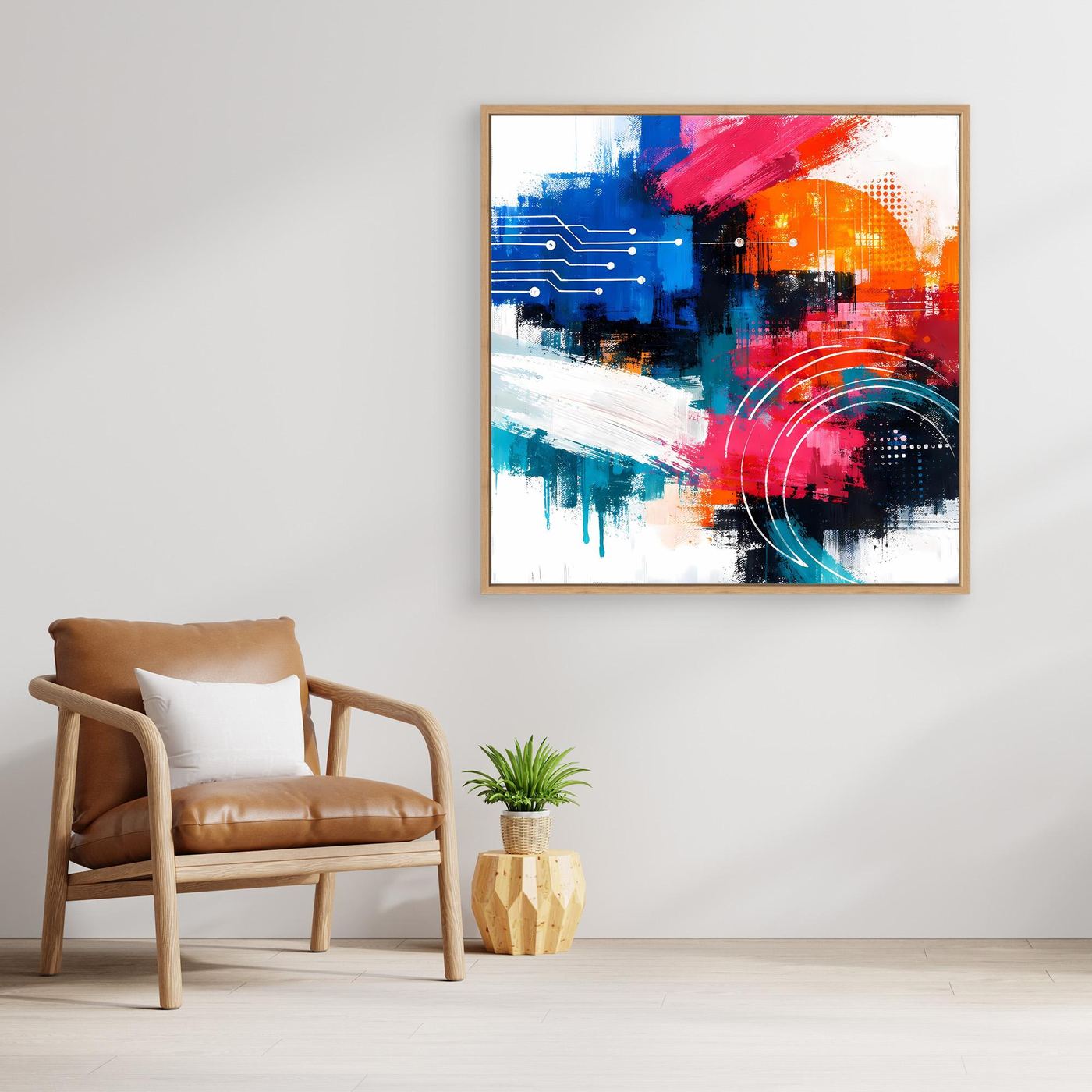 Abstract canvas wall art with blue, red, orange, and black geometric strokes in oak frame