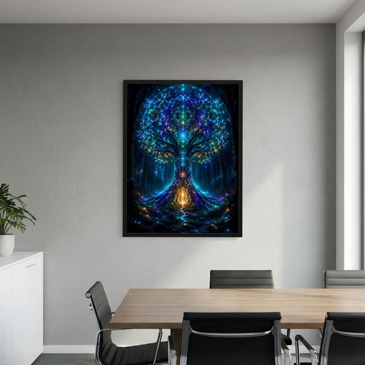 Poster im schwarzen Rahmen: leuchtender blauer Baum und goldenes Zentrum im Dunkelblau