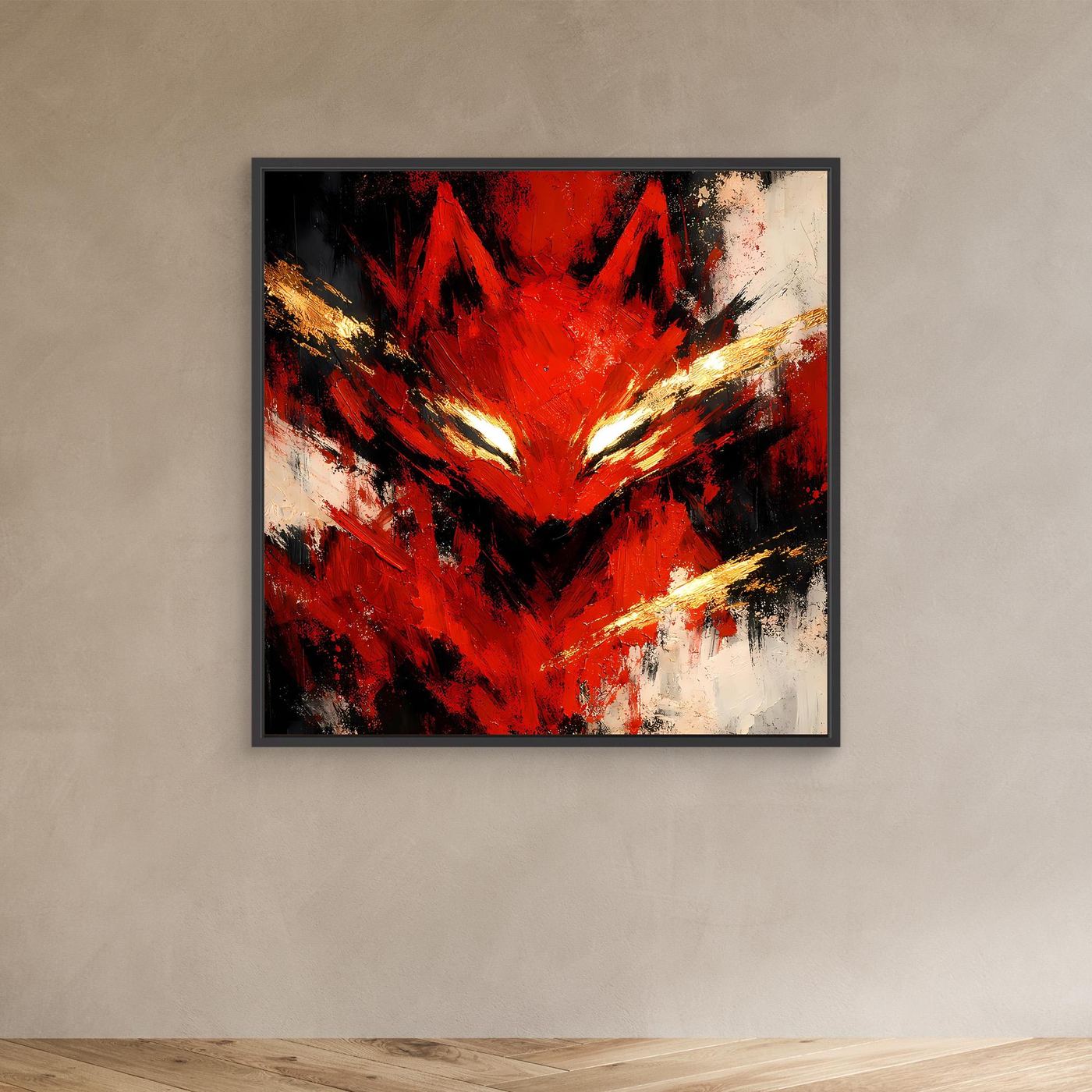 Leinwand Mystischer Kitsune Fuchs in Rot | Abstraktes Japanisches Mythologie Wandbild