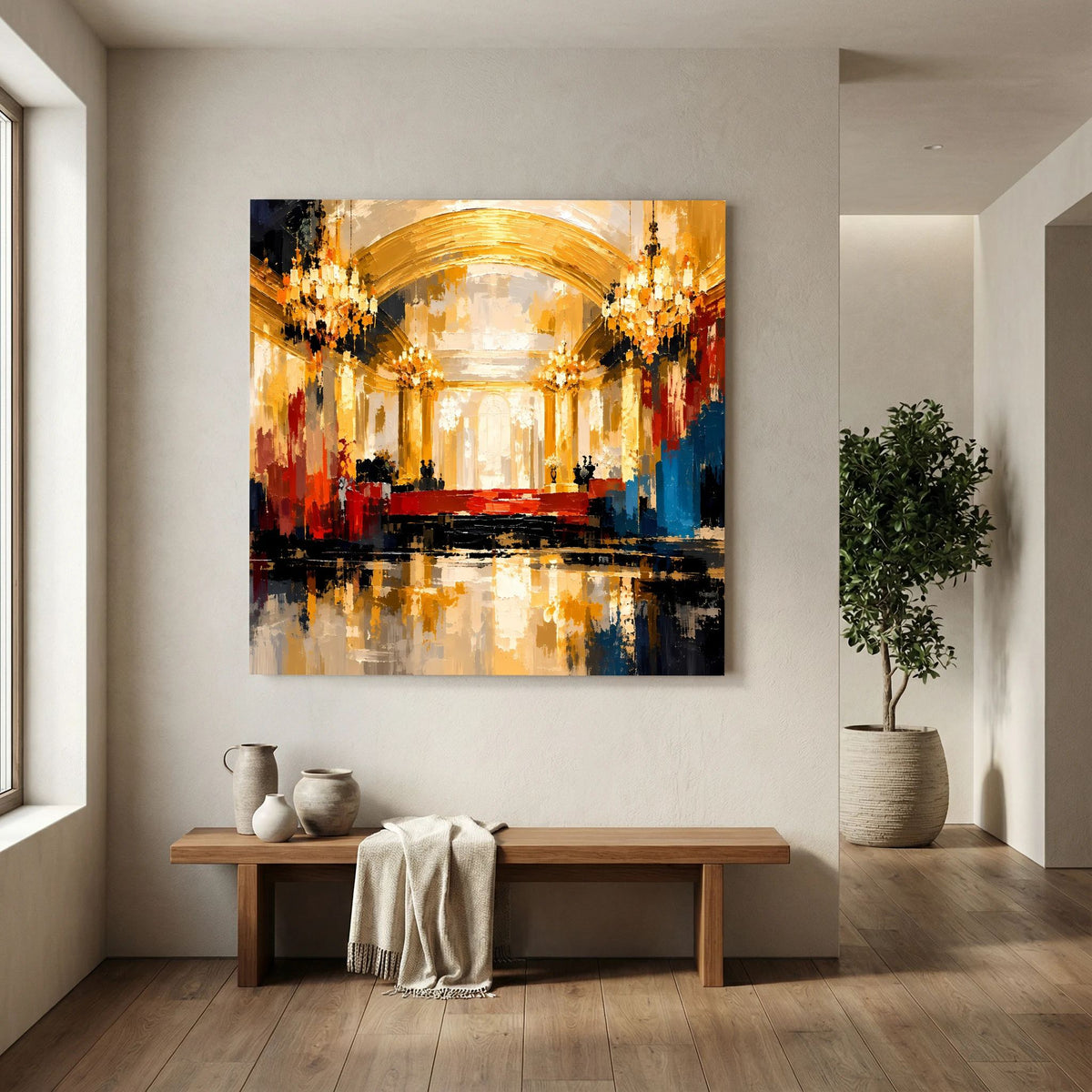 Leinwand Abstraktes Palast Saal Gemälde | Modernes Elegantes Wandbild Ballsaal Gold Rot