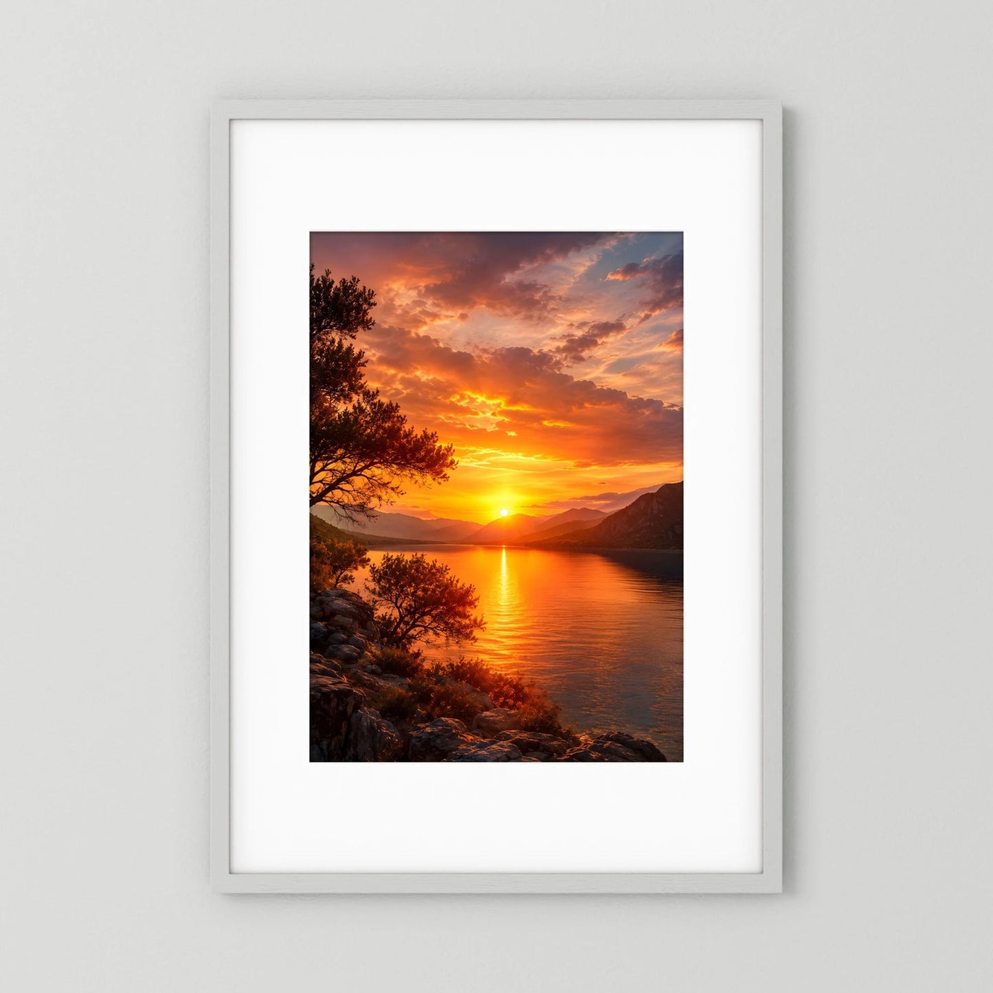 Hochformat-Poster mit Sonnenuntergang über Bergsee, orangefarbene Sonne, Berge und Bäume.