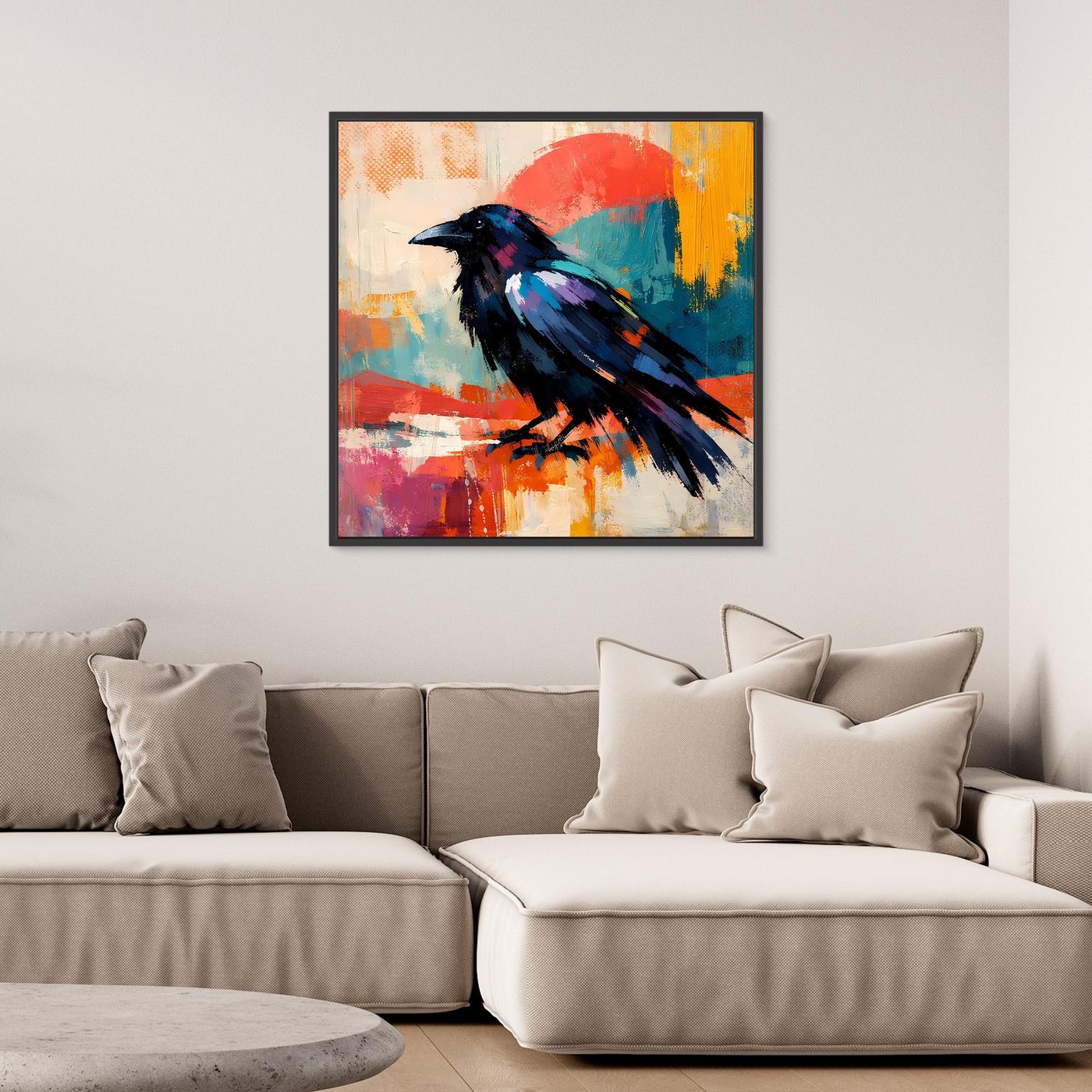 Framed abstract raven bird canvas wall art with dark blue feathers and red-orange highlights