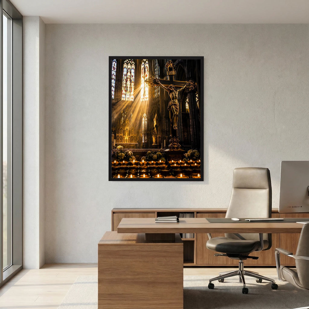 Poster Hochformat mit Kreuz am Altar, goldene Beleuchtung, schwarzer Rahmen