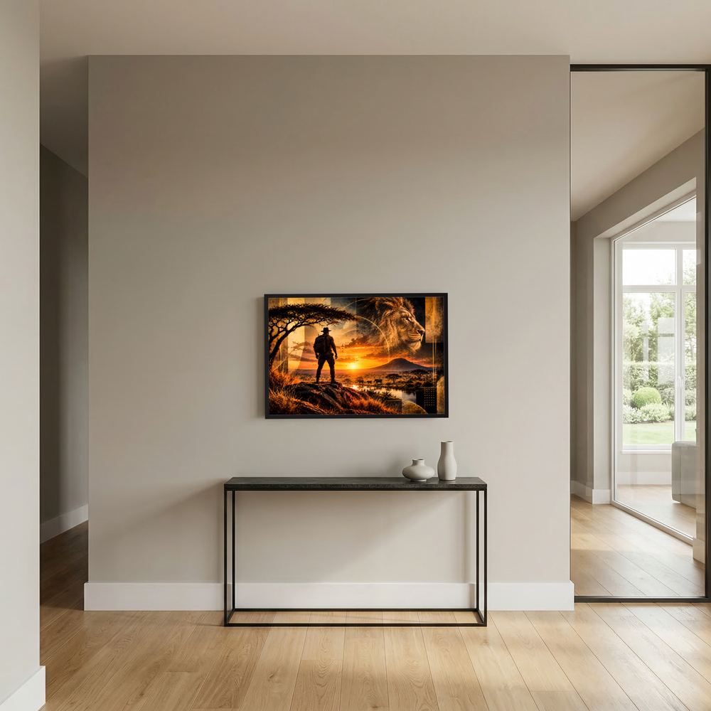 Gerahmtes Poster im Querformat an der Wand: Ranger-Silhouette und Löwenkopf bei Sonnenuntergang