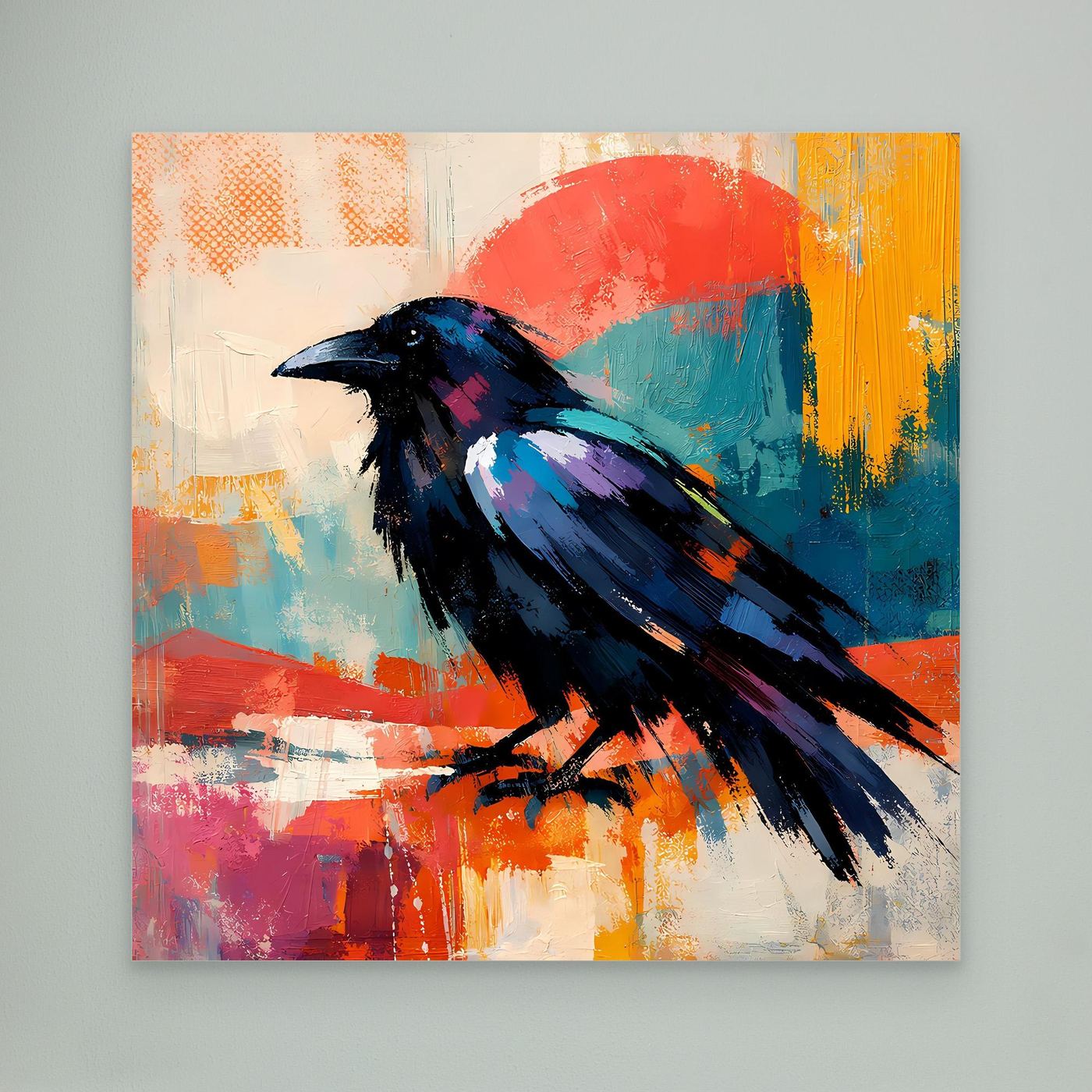 Colorful abstract raven bird wall canvas with red sun, teal, and blue brushstroke background