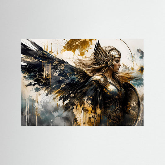Wandbild mit Walküre, goldenen Engelsflügeln und schwarzem Gewand, im Querformat