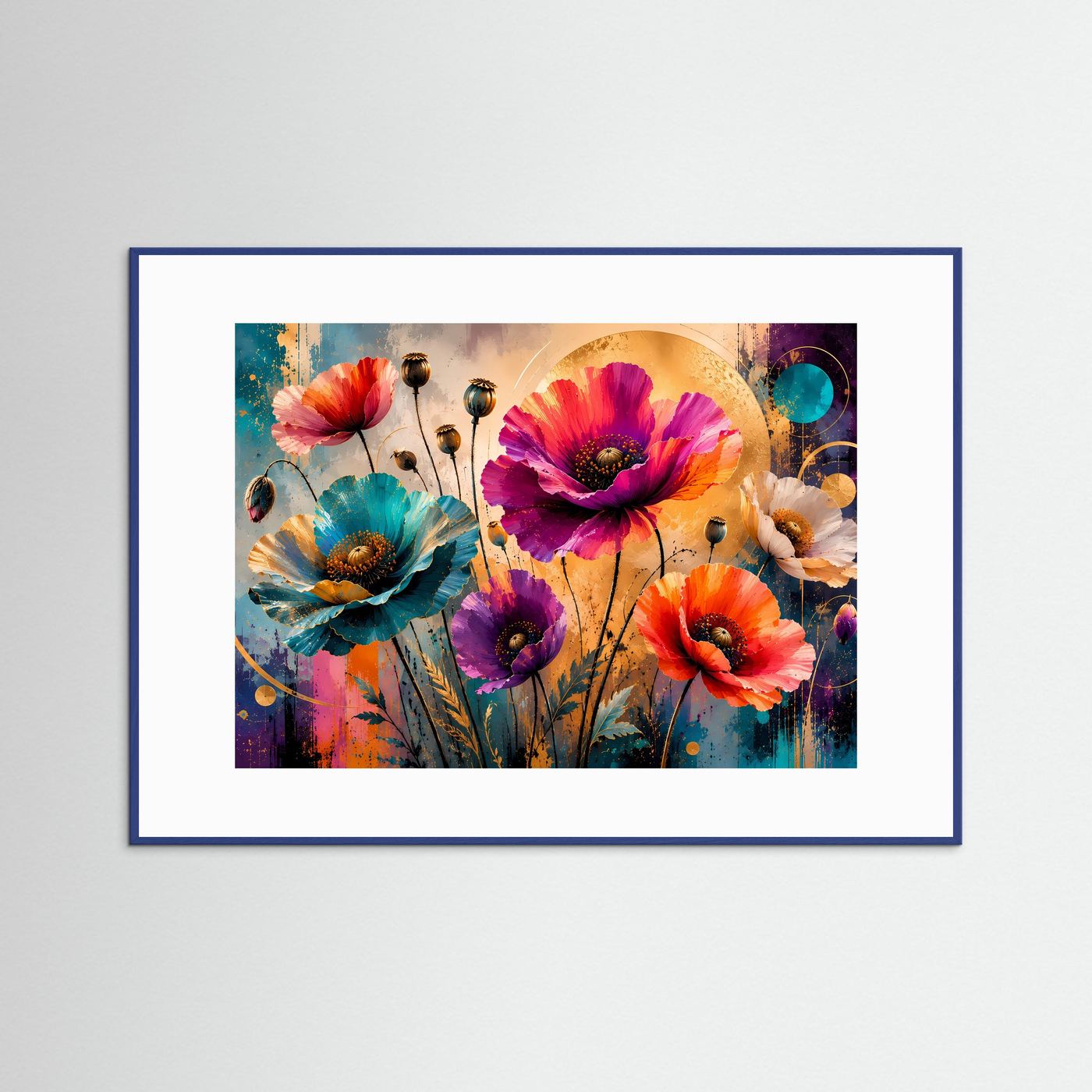 Wandbild im Querformat mit bunten Mohnblumen und goldener Kreisform, blauer Rahmen