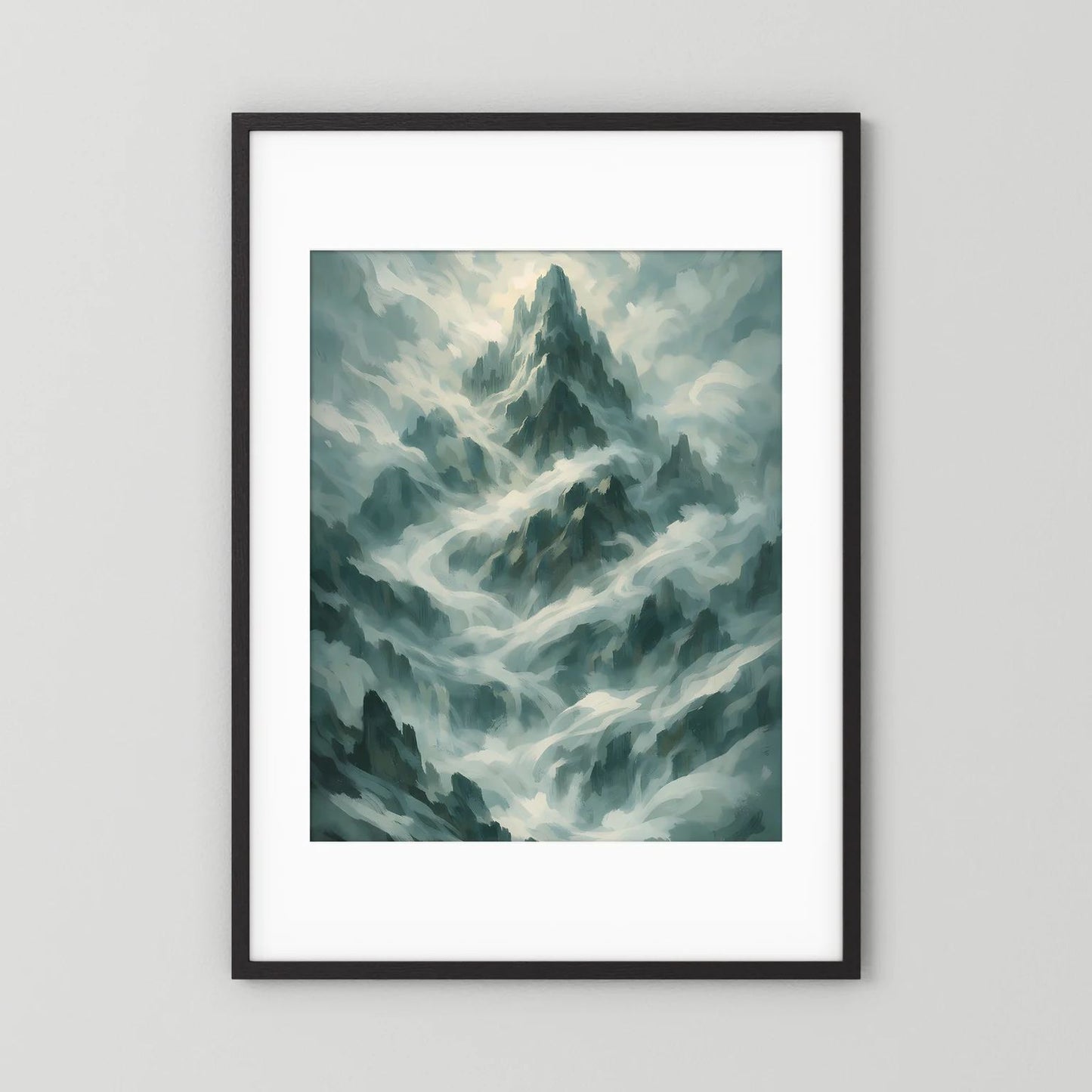 Poster im Hochformat mit Berglandschaft in Salbeigrün/Grau, schwarzer Rahmen und weißes Passepartout