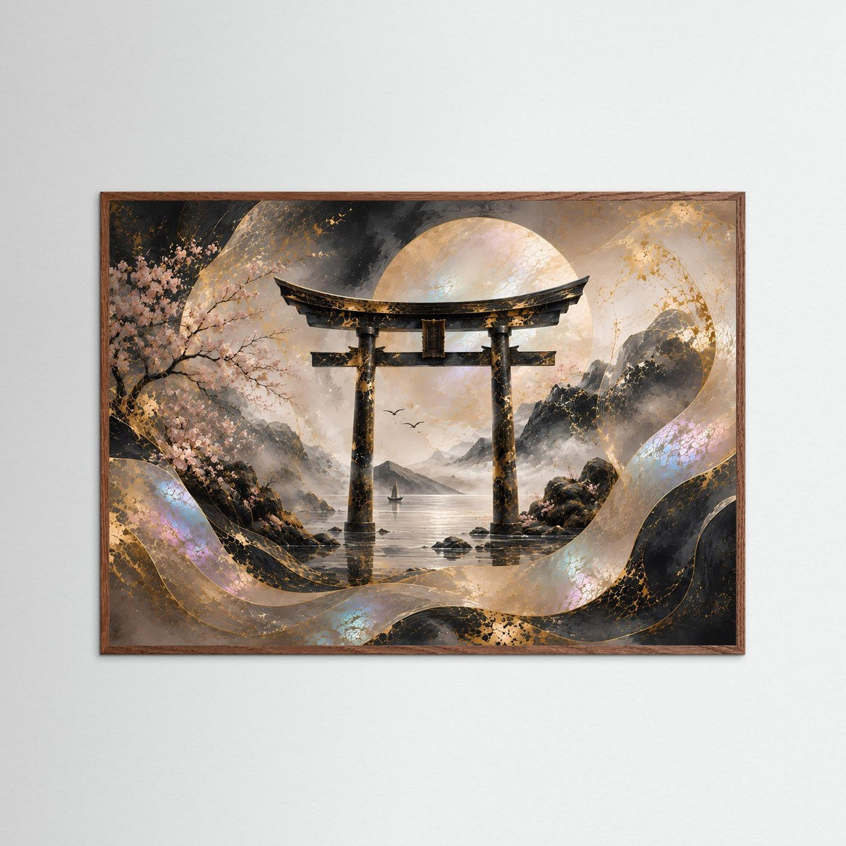 Poster mit japanischem Torii und Mond über Wasser, brauner Holzrahmen, Querformat.