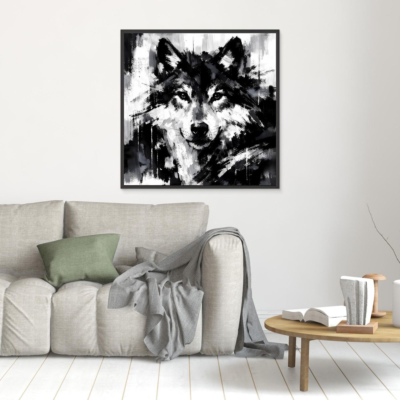 Wolf-Wandbild (Leinwand) in Schwarzweiß, mit schwarzem Rahmen