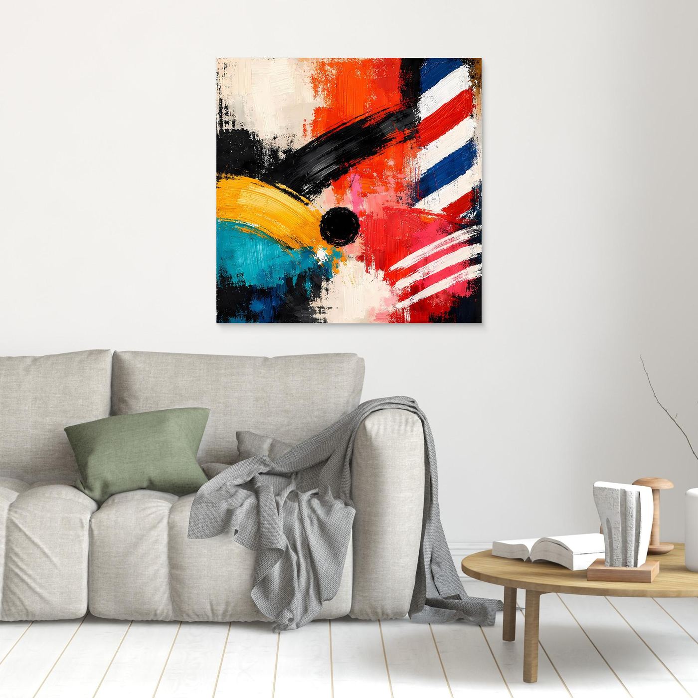 Abstract geometric wall art canvas with red, blue, orange and black strokes, small black frame