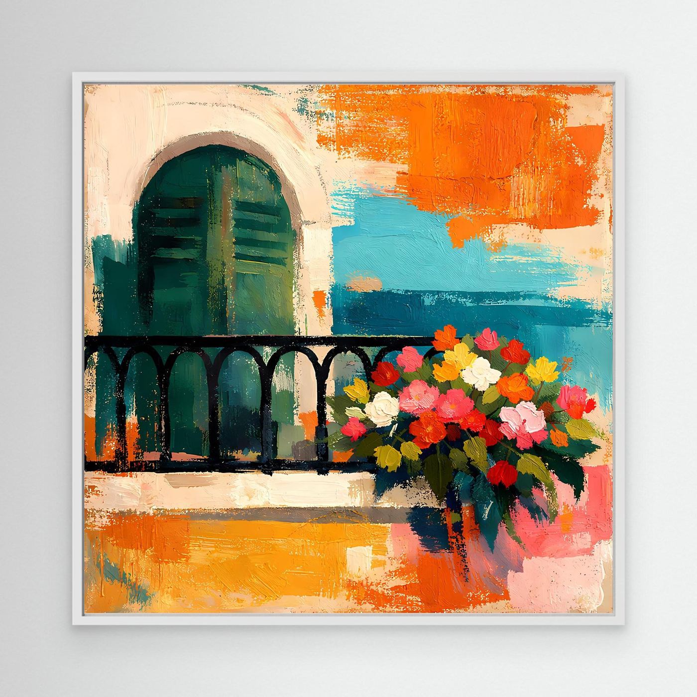 Abstract Mediterranean balcony wall art with flowers and arched window, white frame