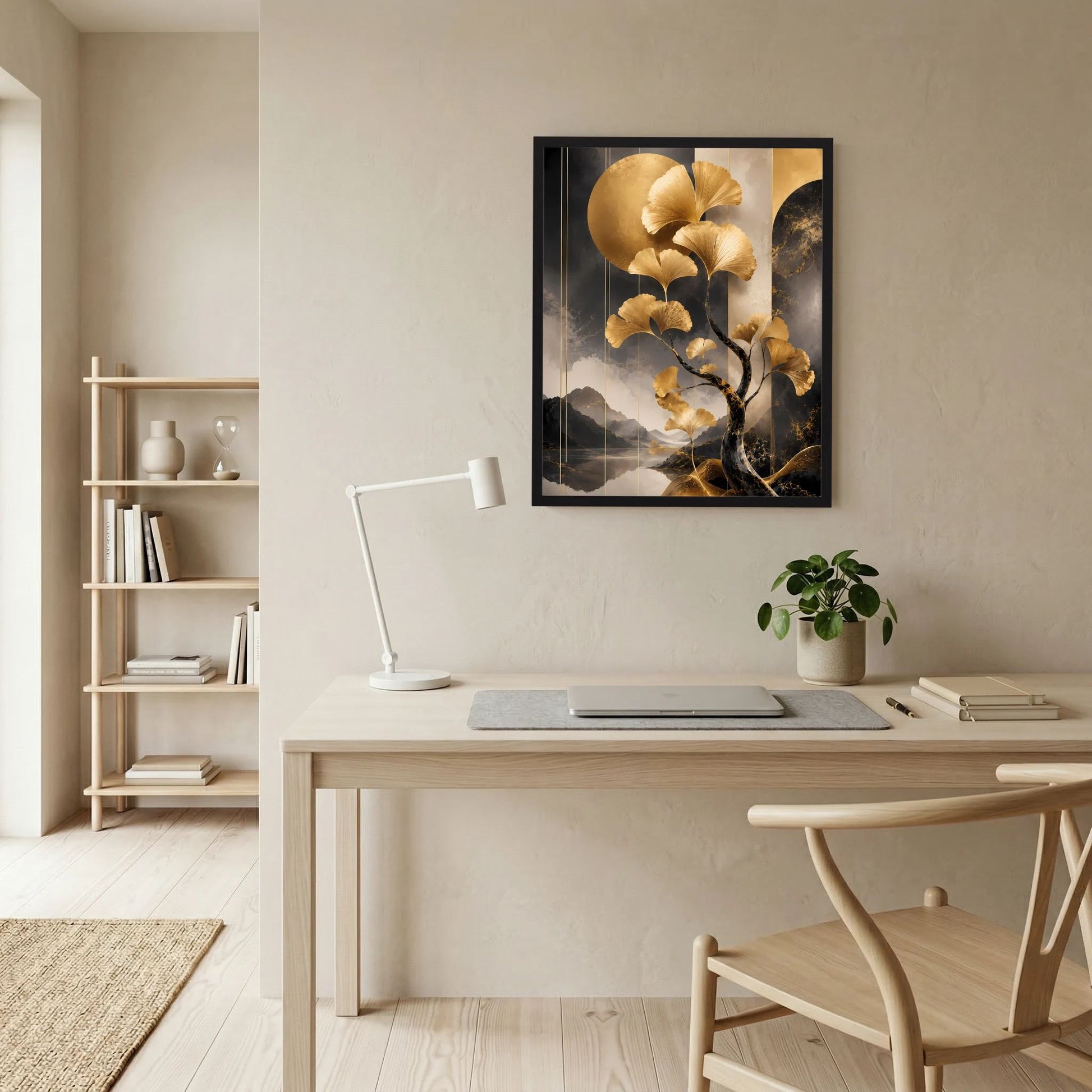 Hochformat-Poster mit goldenem Ginkgobaum, Zweigen und Berglandschaft in Schwarz-Gold