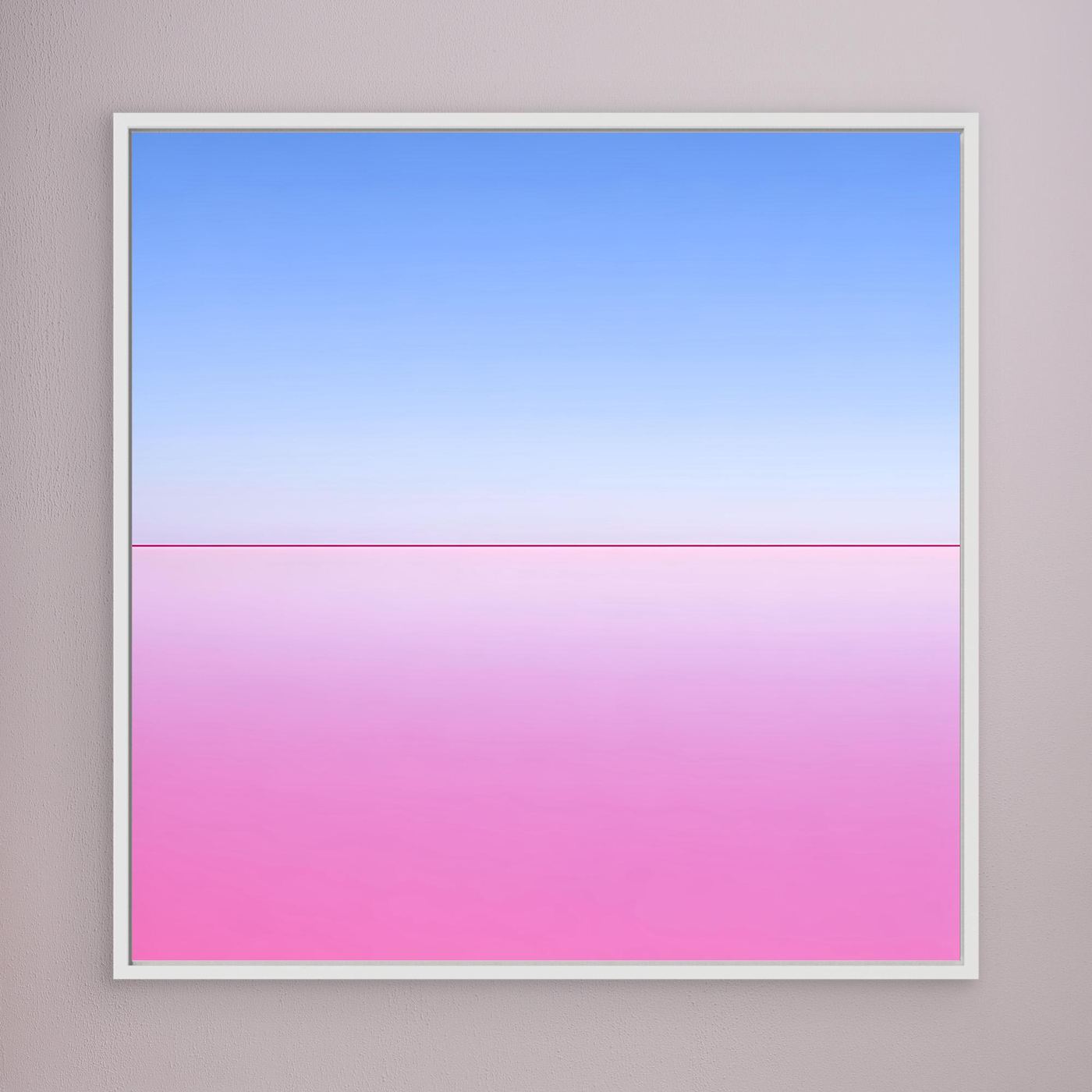 Quadratisches Leinwandbild mit Pastell-Horizont: Blau oben, Pink unten, weißer Rahmen