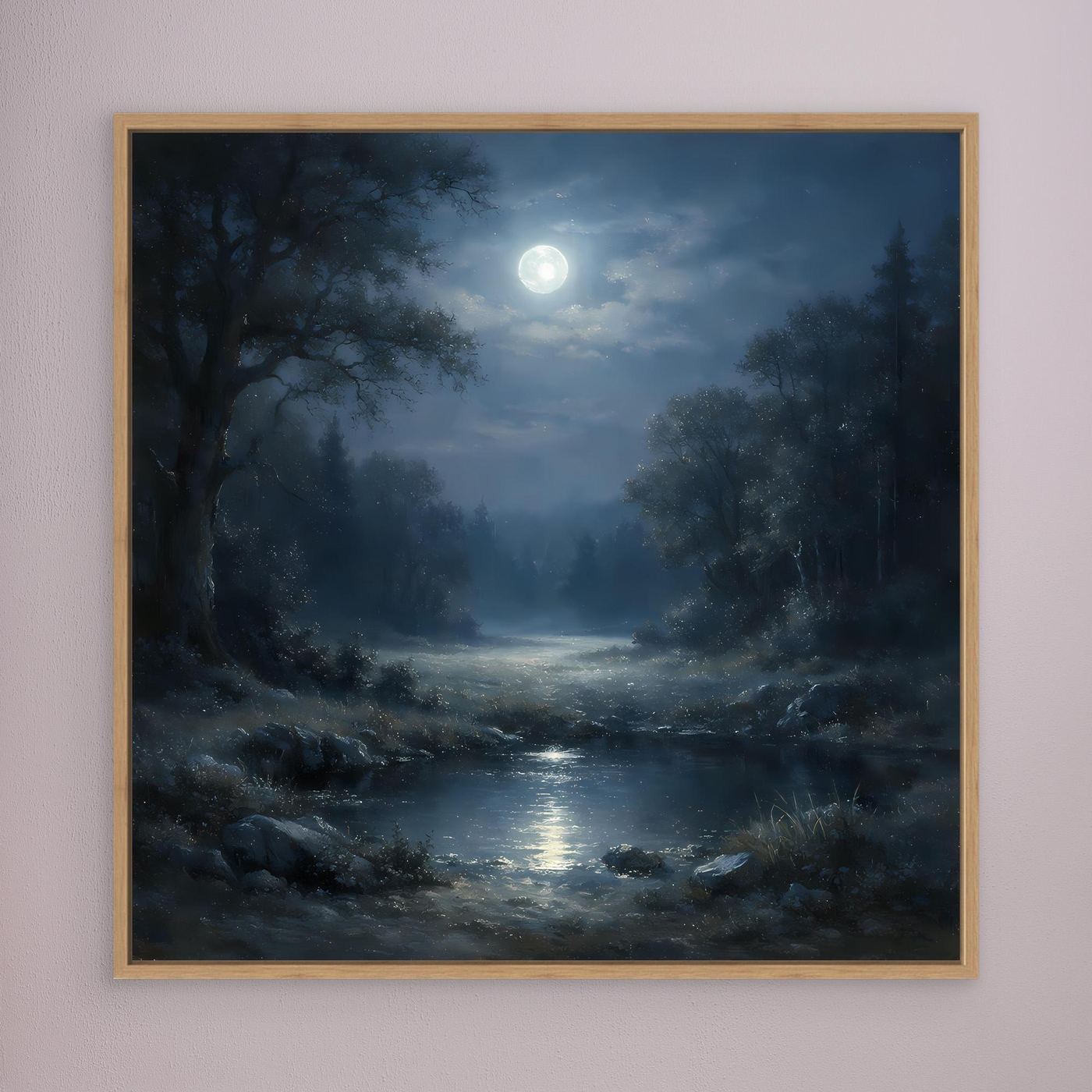 Gerahmtes Leinwandbild: nächtlicher Wald mit Mondschein und Flusslicht, Holzrahmen