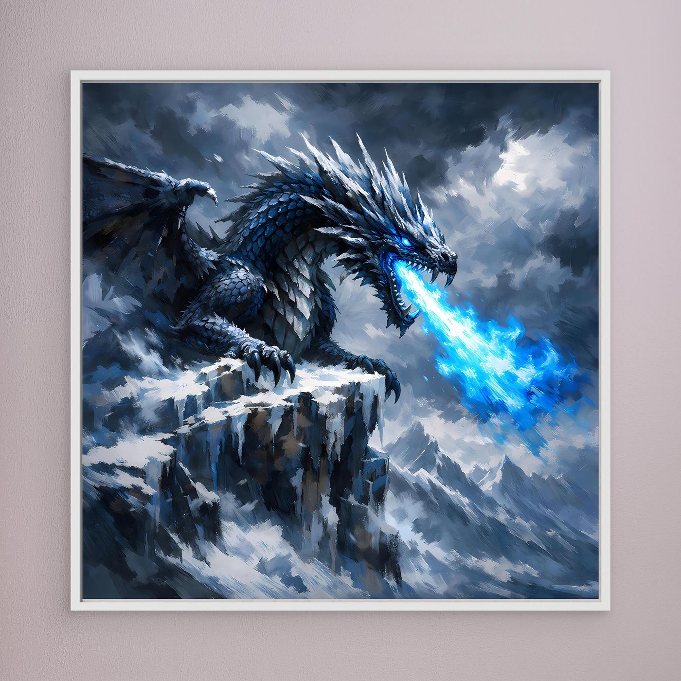 Leinwand Eisdrache auf stürmischem Berggipfel | Episches Fantasy-Wandbild auf echter Leinwand