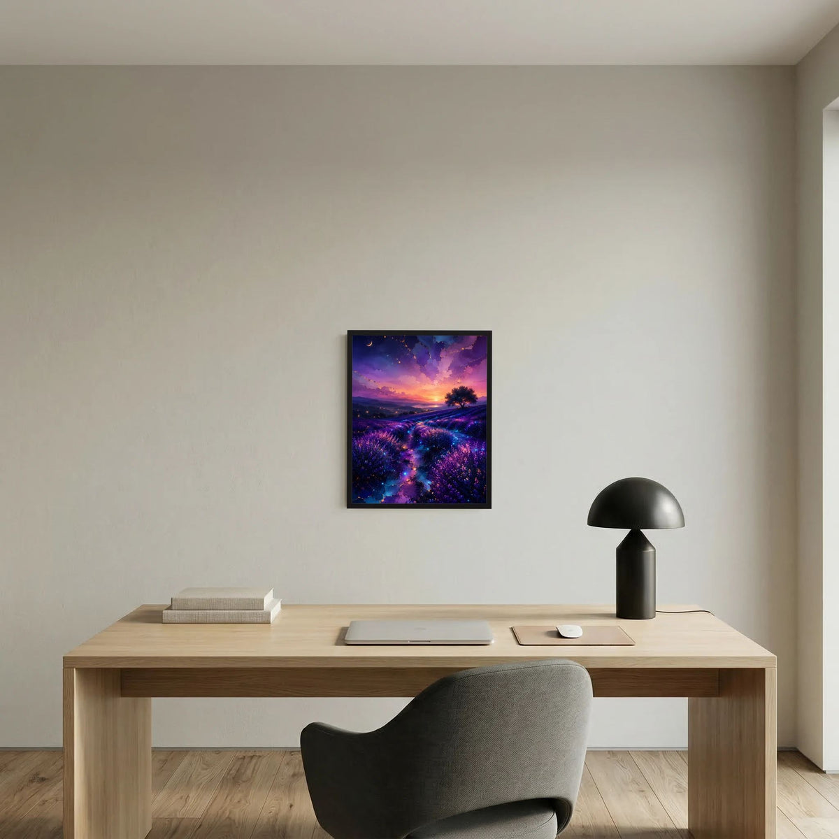 Hochformat-Poster im schwarzen Rahmen mit leuchtendem Lavendelfeld bei Sonnenuntergang