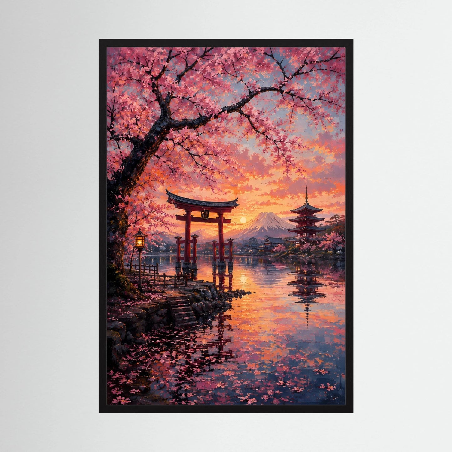 Hochformat-Poster mit Kirschblüten, Torii und Fuji im Sonnenuntergang, schwarzer Rahmen