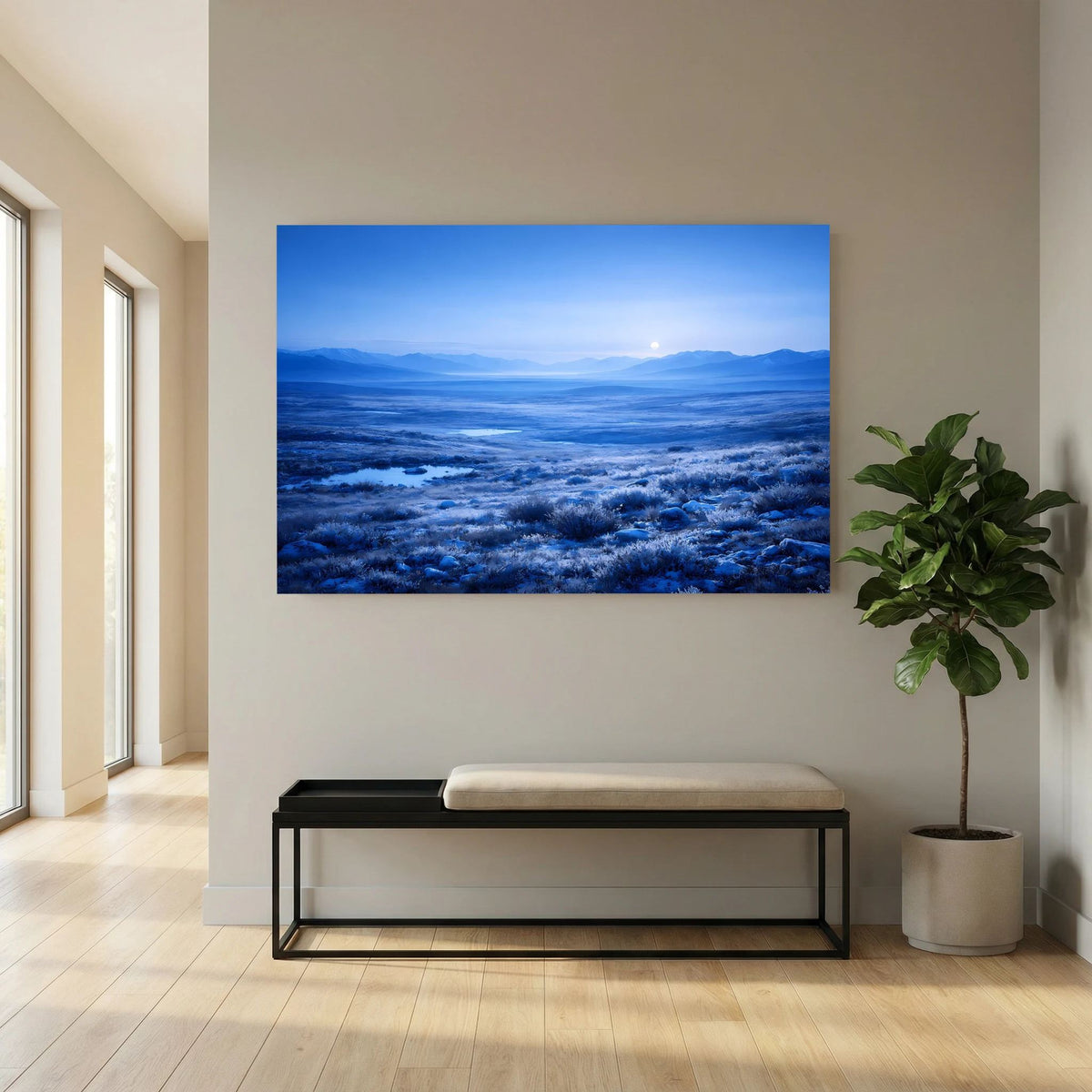 Querformat-Wandbild mit arktischer Tundra im Mondschein, Mondschein über blauem Tal