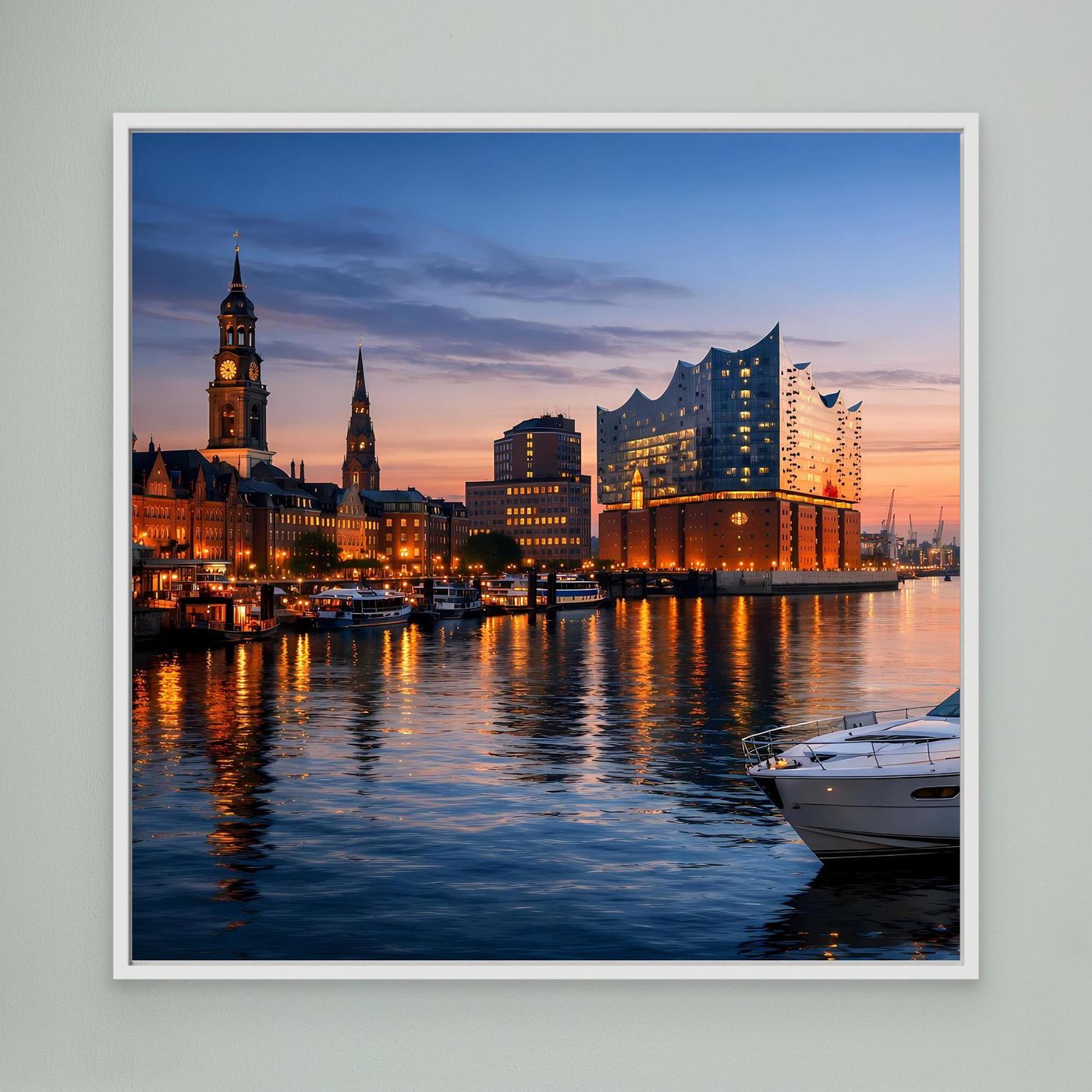 Leinwand-Wandbild der Hamburger Skyline am Wasser mit weißem Rahmen