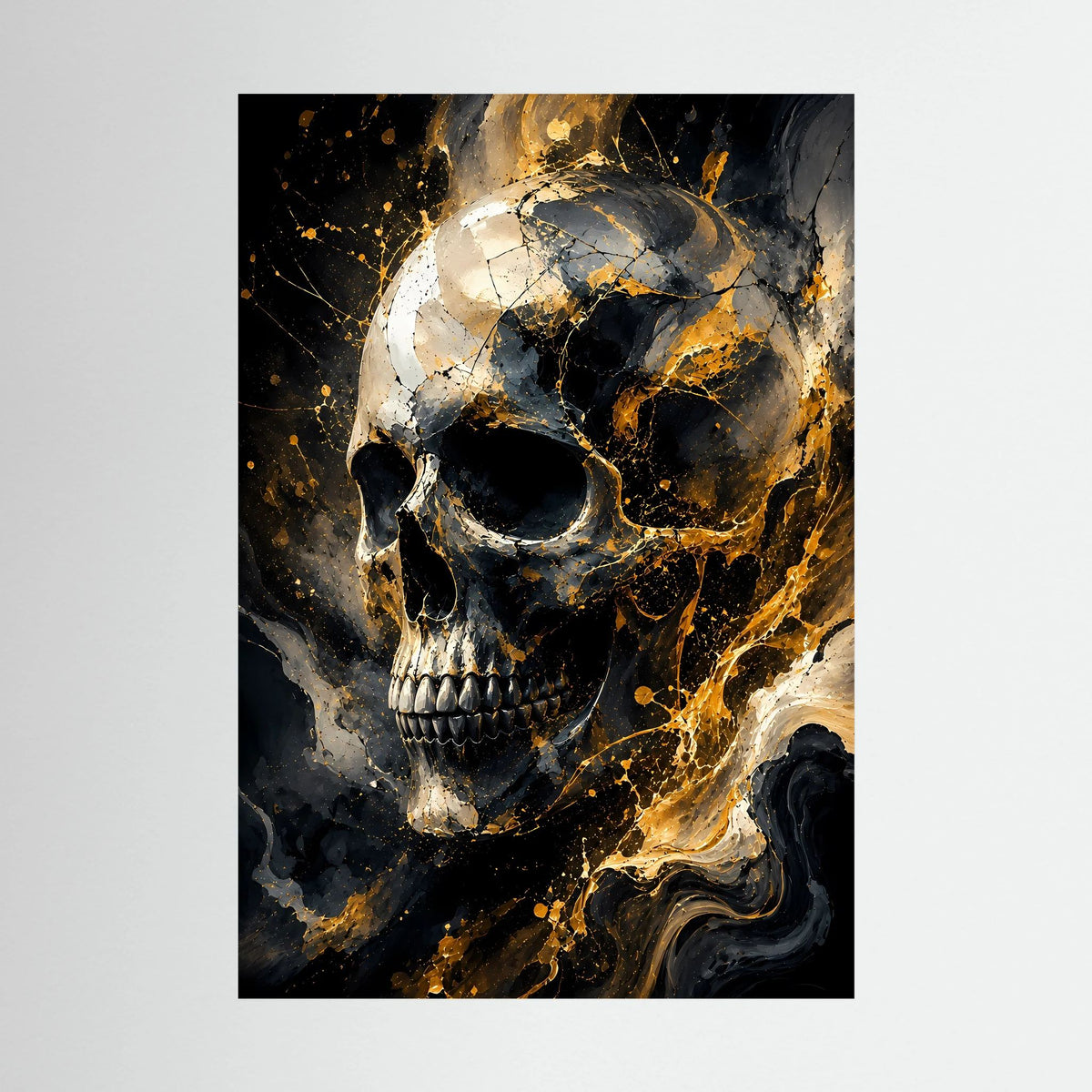 Poster im Hochformat mit Totenkopf in Schwarz und Gold, goldene Sprenkel und Flammenmotive