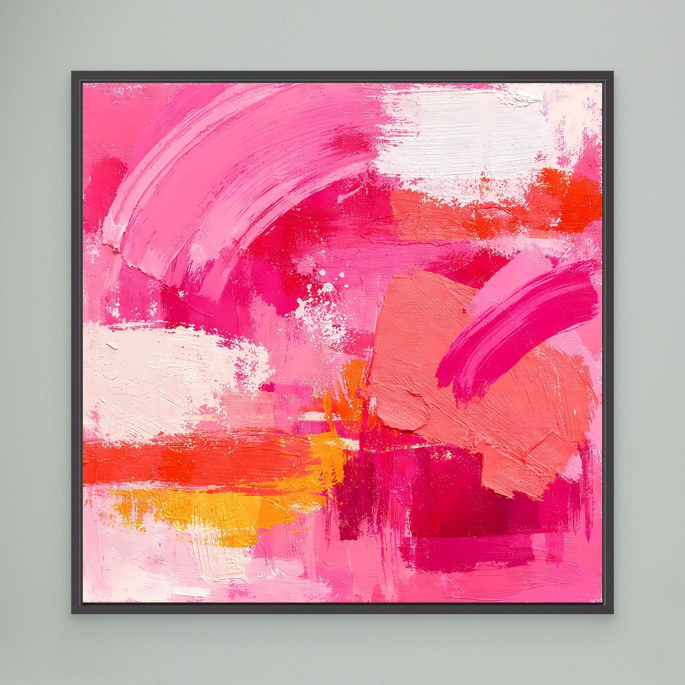 Leinwand-Wandbild mit abstrakten Pinselstrichen in Pink, Weiß und Orange; schwarzer Rahmen