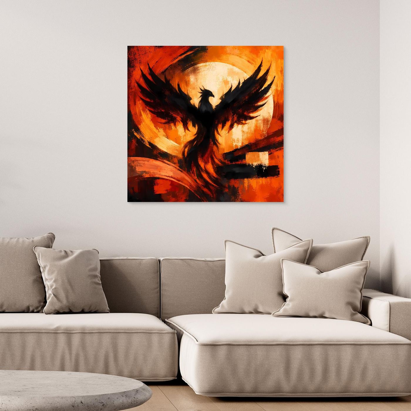 Quadratisches Leinwandbild mit abstraktem Phönix in Rot, Orange und Schwarz