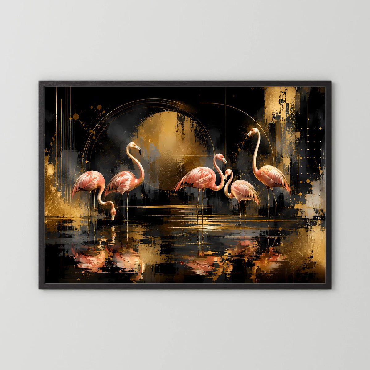Poster mit abstrakten Flamingos in Rosa, Schwarz und Gold im schwarzen Rahmen