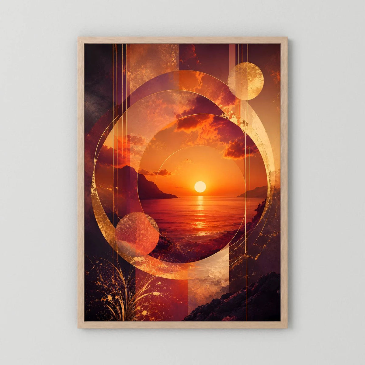 Abstraktes Sonnenuntergangs-Poster mit Kreis- und Liniengrafik über Meer, gold-orange, in hellem Holzrahmen