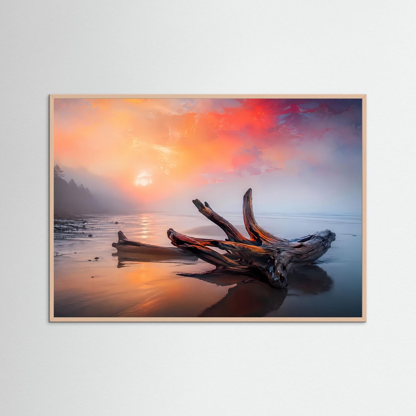 Treibholz am Nebelstrand Poster Querformat | Modernes Küstenlandschaft Wandbild bei Sonnenaufgang | Eleganter Natur Kunstdruck