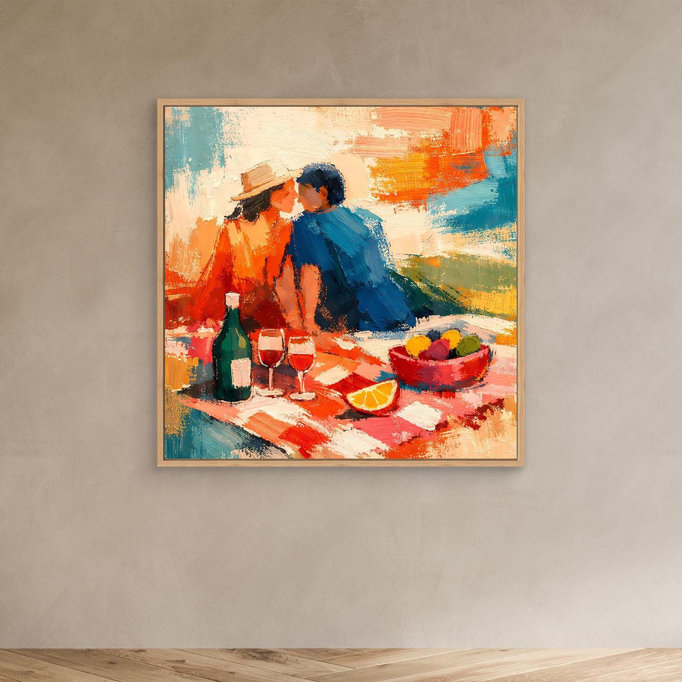 Leinwand-Wandbild im hellen Rahmen: abstraktes Picknick-Paar, Flasche und Gläser
