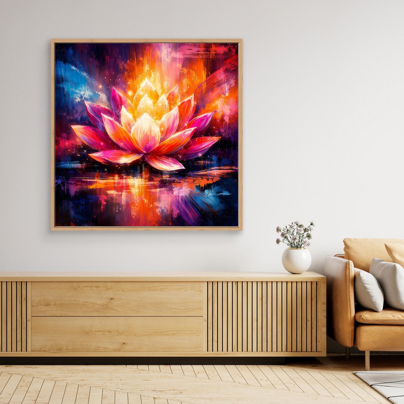Wandbild mit abstrakter Lotusblüte, bunte Farben, brauner Holzrahmen