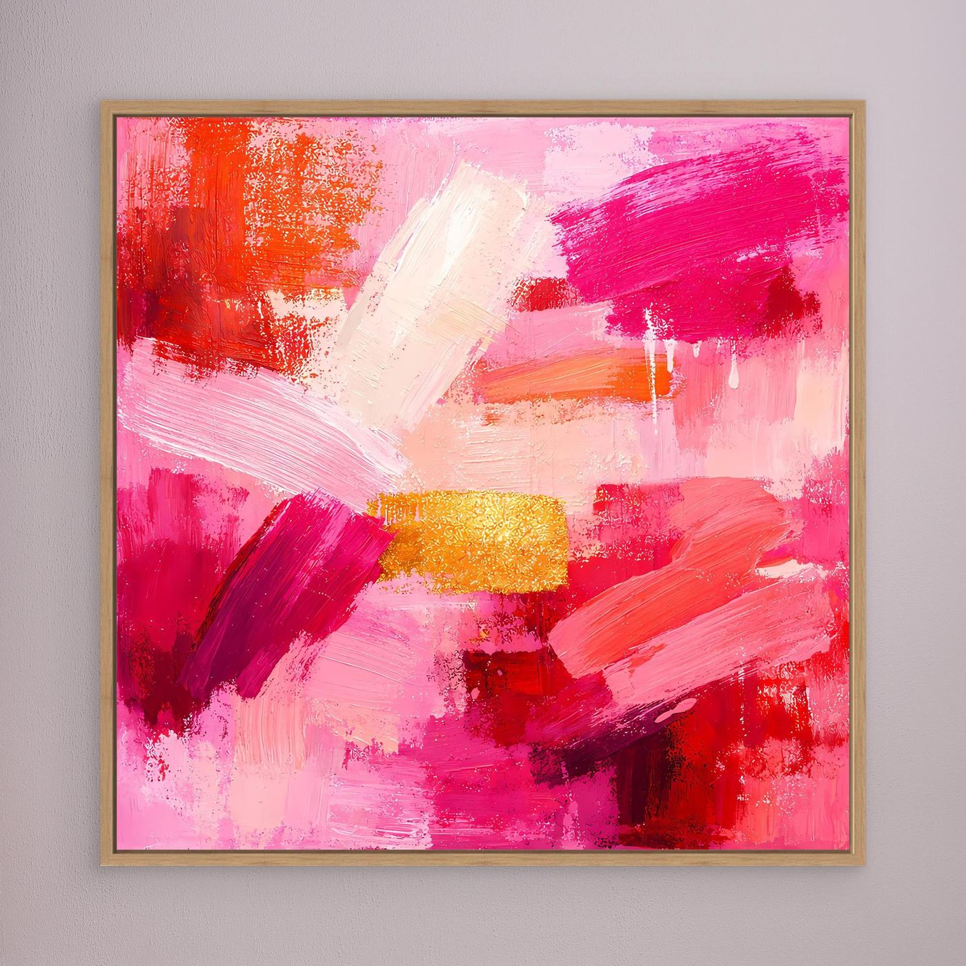 Oak-framed abstract canvas wall art with pink and red brushstrokes and gold accent shapes