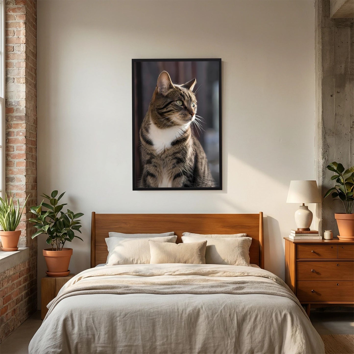 Poster mit getigerter Katze im Hochformat, schwarzer Rahmen mit Bildrand