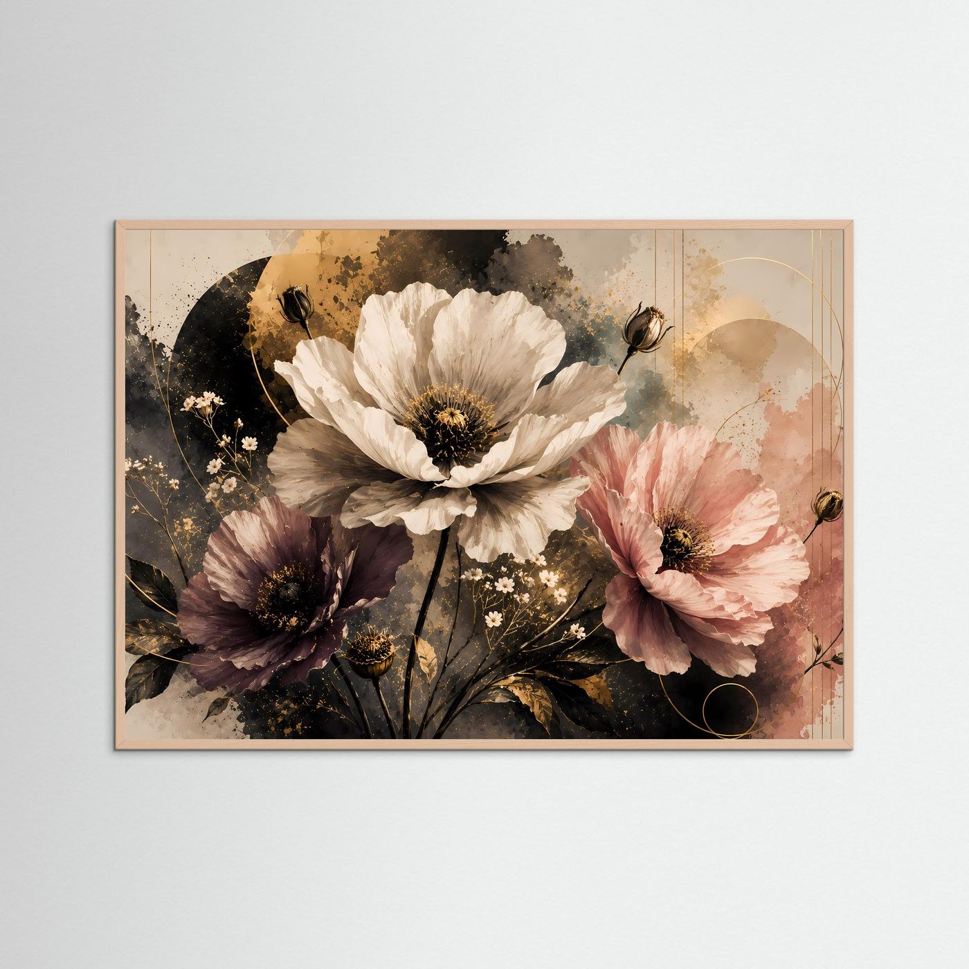 Querformat-Poster mit Mohnblumen in Creme, Rosa und Violett, rosafarbenem Holzrahmen